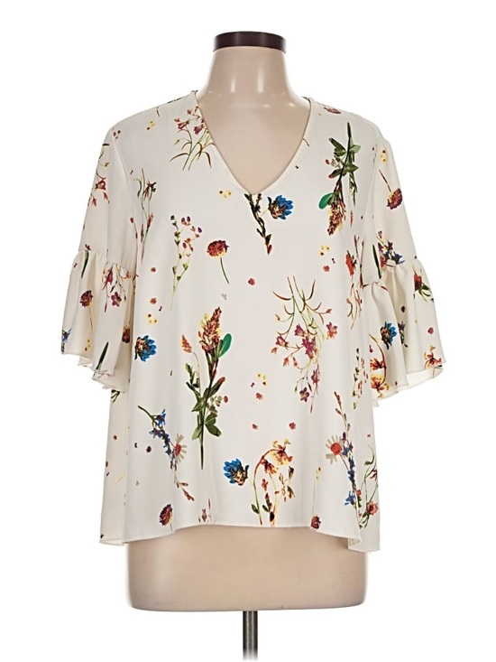 Catherine Malandrino Tops - Catherine Malandrino White Floral Ruffle Bell Sleeve Top Large
